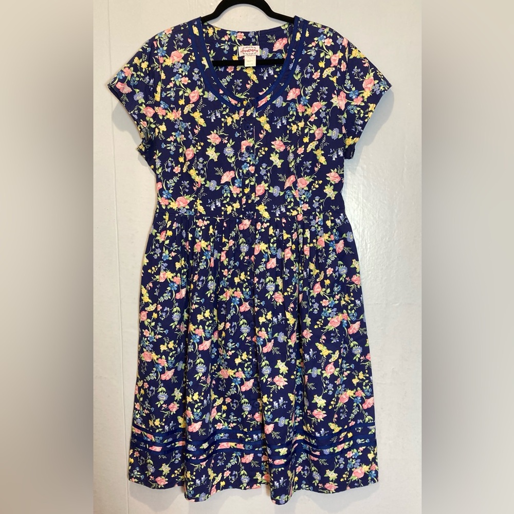 Lanz of Salzburg Midi Dress Navy Floral Button Front Cottagecore Pockets Size XL